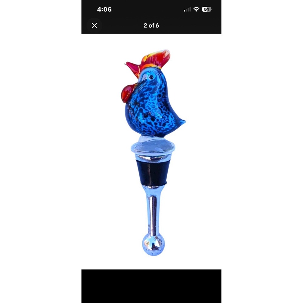 Vintage Murano Style Hand Blown Art Glass Rooster Bird Wine Bottle Stopper Cork
